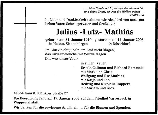 Mathias Julius 1910-2003 Todesanzeige